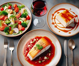 un plato de ensalada, salmorejo, albóndigas y tarta de queso